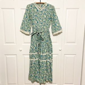 Vintage Fall Harvest Vegetable Print Prairie Dress Maxi Long Sleeve Lace Size 6
